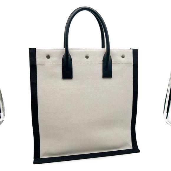 Saint Laurent Rive Gauche North South Linen and Leather Tote White Black Bag - Picture 3 of 13
